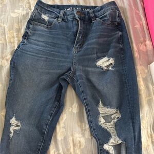 American Eagle Outfitters Blue Skinny Jeans with Distressed Details